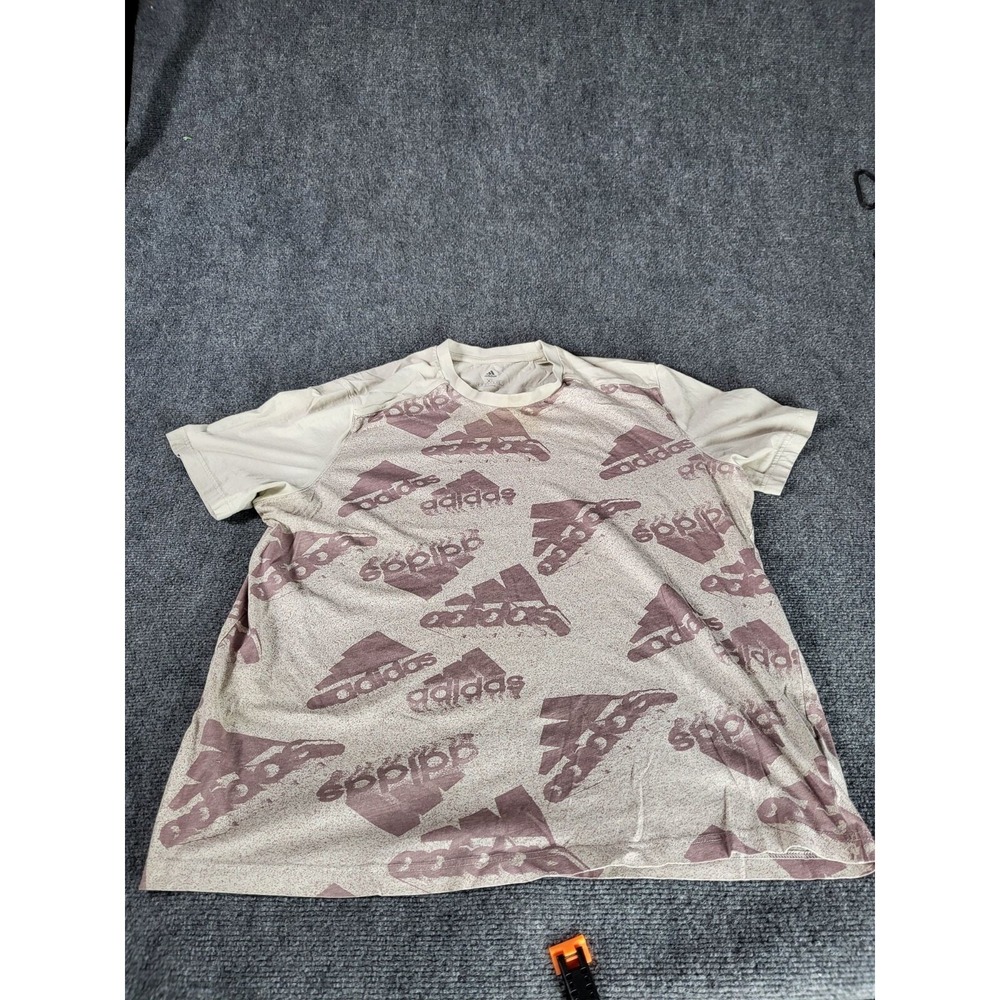 Adidas Brand Love Performance Tee XL Off White Burgundy Allover Multi Logo Shirt